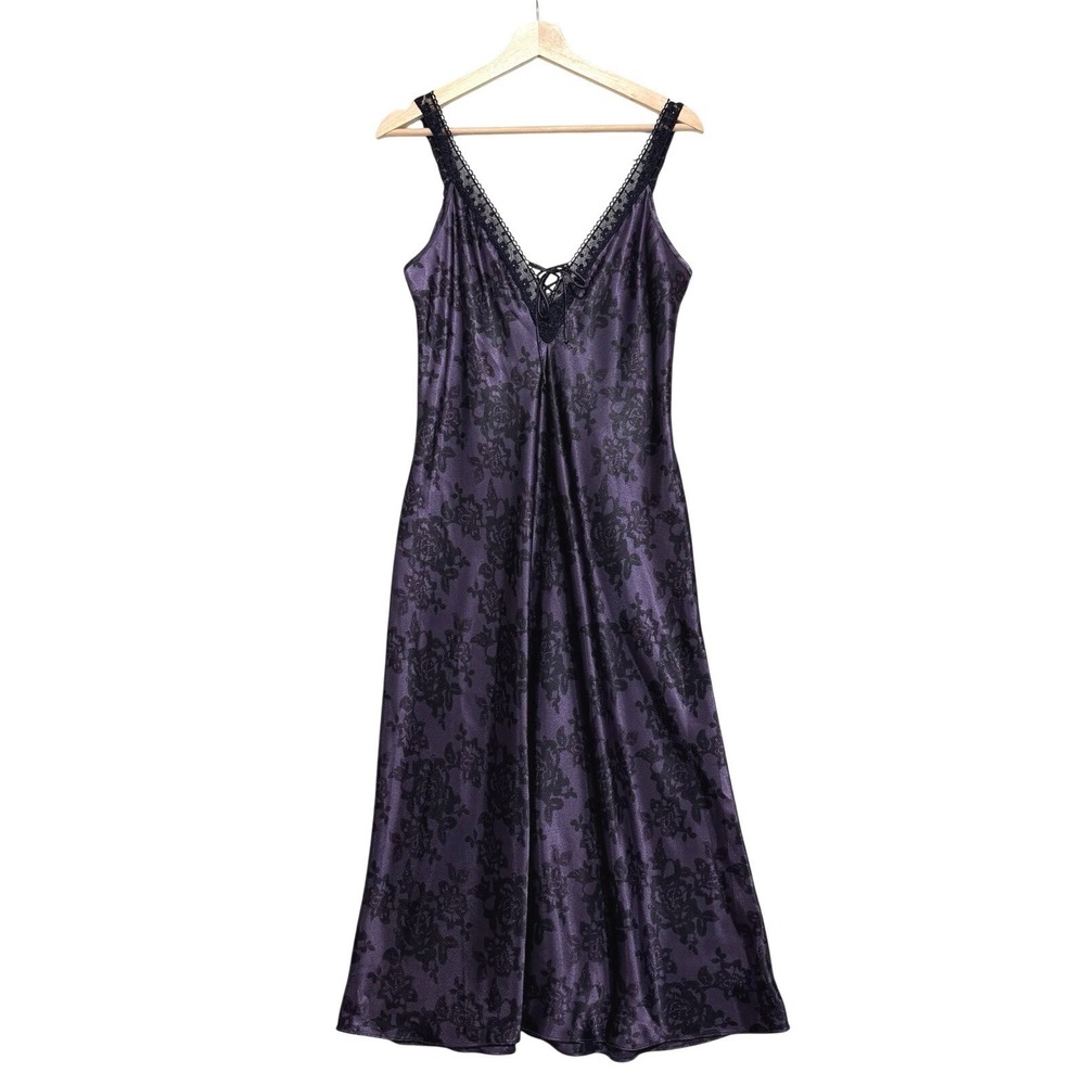 Vtg Inner Most Satin Floral Slip Dress Women's Medium Purple Black Lace Up Goth